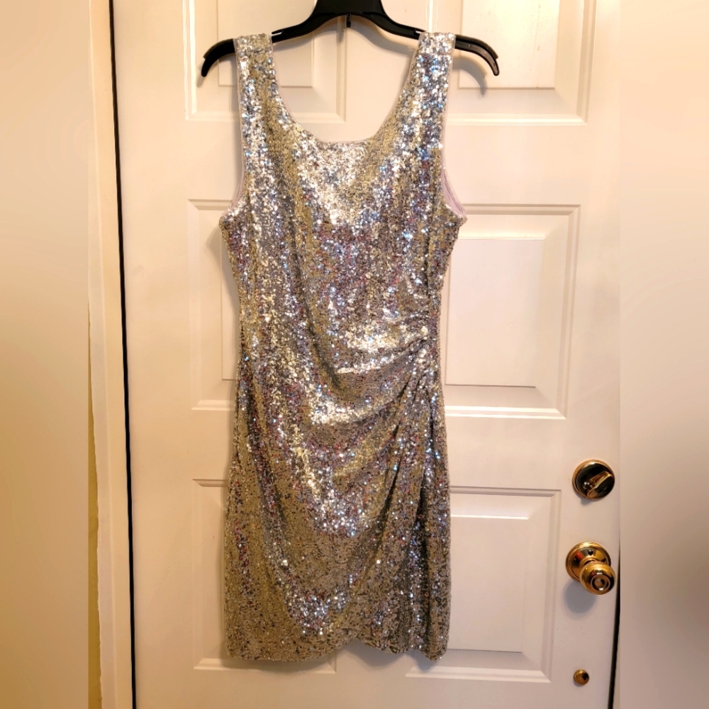Bisou Bisou Sz 8 HOT Silver Sequin Faux Wrap Dress Scoop Back, sleeveless